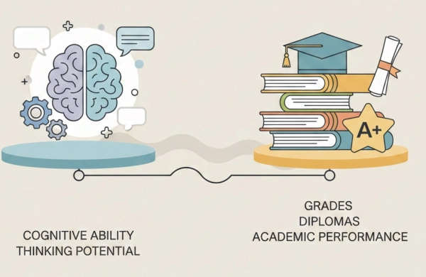 Illustration comparing intelligence quotient and academic achievement in education and success
