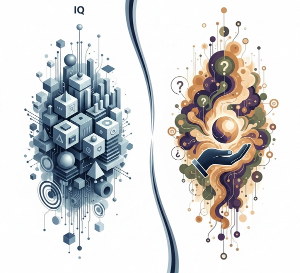 Conceptual illustration showing the difference between IQ and critical thinking in human cognition