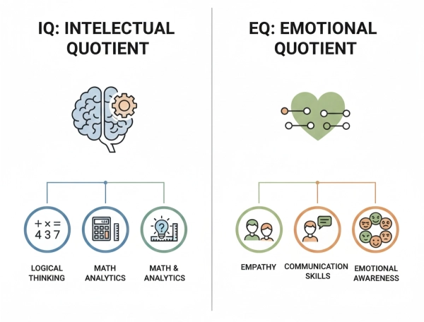 Illustration comparing IQ and EQ, showing logical thinking versus emotional intelligence and social skills