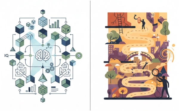 Conceptual illustration showing the difference between IQ and real-world problem-solving skills