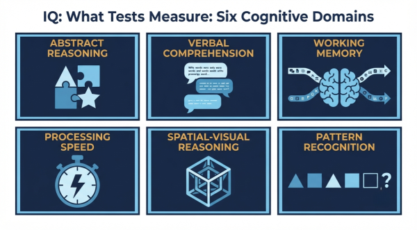 Six cognitive domains measured by IQ tests — abstract reasoning, verbal comprehension, working memory, processing speed, spatial reasoning, pattern recognition