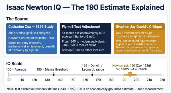 Isaac Newton IQ 190 estimate from Catharine Cox 1926 study on population scale with Flynn Effect adjustment