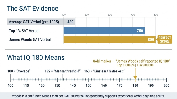James Woods IQ 180 estimate with SAT score evidence and population scale context