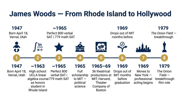 Timeline of James Woods academic path from high school linear algebra to MIT dropout and acting career