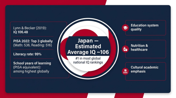 Bar chart showing Japan and top East Asian countries ranked by national IQ estimates and PISA scores in global context
