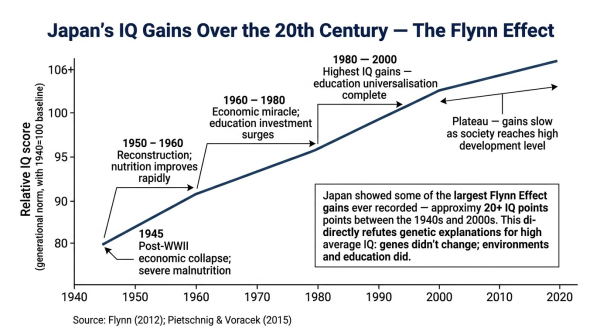 Chart showing Japan's historical IQ gains over the 20th century illustrating the Flynn Effect with gains attributable to improved nutrition education and environment
