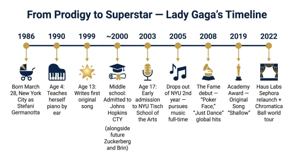 Timeline of Lady Gaga early life from piano prodigy at age 4 to Johns Hopkins CTY NYU and global stardom