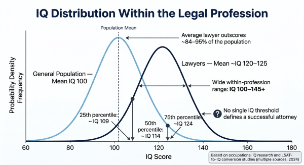 Bell curve showing the distribution of IQ scores within the legal profession from 25th to 75th percentile compared to general population