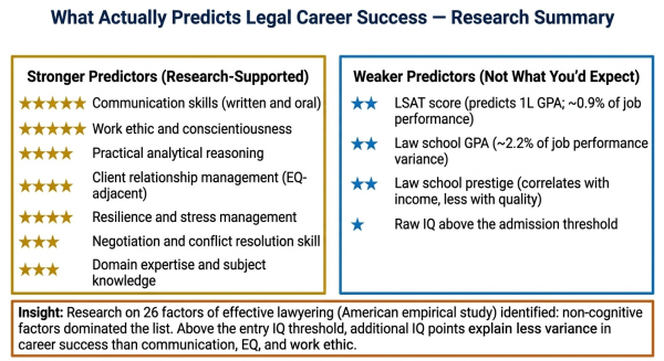 Overview of factors that predict legal career success beyond IQ showing what research identifies as the strongest predictors of attorney effectiveness