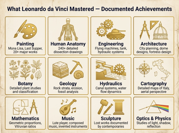 Overview of all major domains mastered by Leonardo da Vinci including art anatomy engineering and science