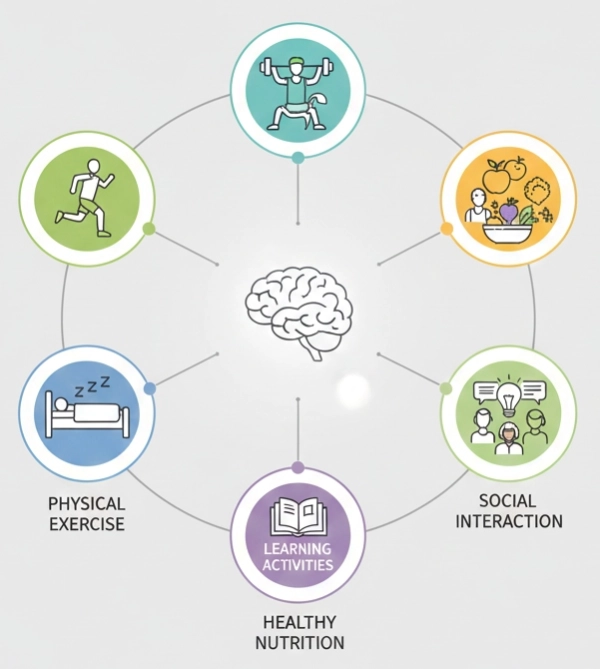 Healthy lifestyle habits that support brain function, including exercise, sleep, nutrition, learning, and social interaction