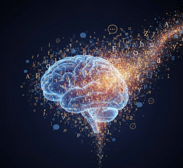 Illustration representing linguistic intelligence with a human brain connected to words, speech, and written language