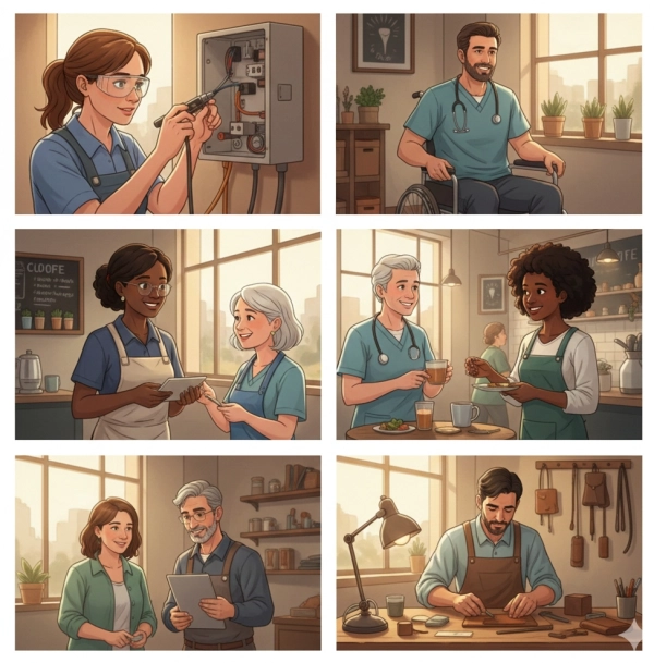 People working confidently in skilled trades, healthcare, service, and small business roles regardless of IQ