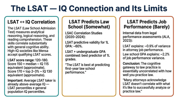 Diagram showing the correlation between LSAT scores and IQ and the much weaker relationship between LSAT and actual on-the-job legal performance