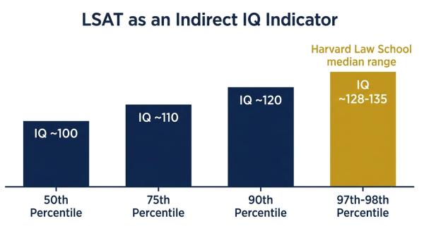 LSAT percentile correlation with IQ — Harvard Law School median at 97th-98th percentile