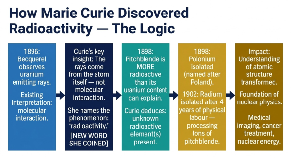 Diagram showing the logical chain of Marie Curie discoveries from Becquerel uranium rays to radioactivity polonium and radium