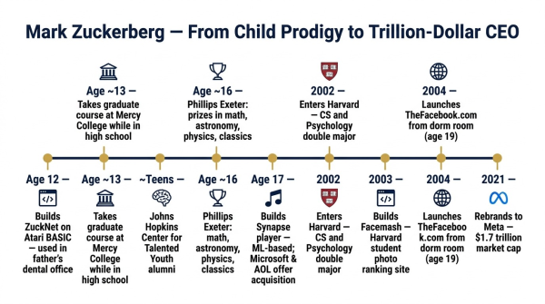 Timeline of Mark Zuckerberg early life milestones from age 12 programming to Facebook launch at 19