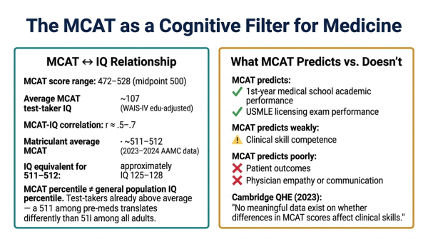 Diagram showing the relationship between MCAT scores and IQ and how medical school admission selects for cognitive ability
