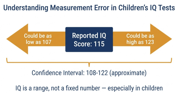 IQ measurement error in children — confidence intervals, ±5-10 points, why a single score is a range not a fixed number