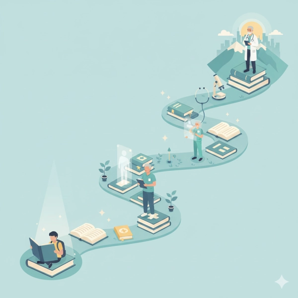 Illustration representing perseverance and long-term commitment on the journey to becoming a doctor, emphasizing effort over raw intelligence