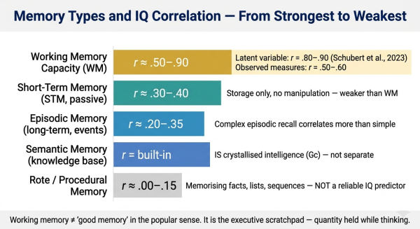 Comparison of different memory types and their correlation with IQ showing working memory as the strongest predictor and rote memory as weakest