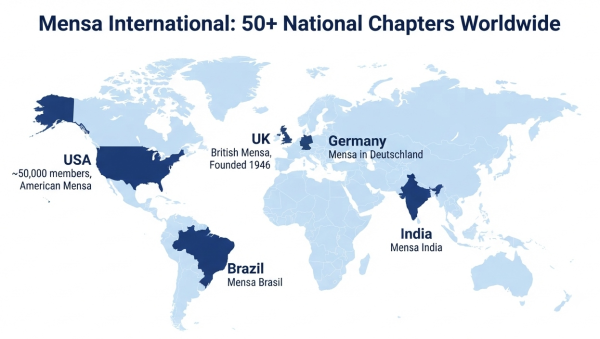 Mensa International global presence — chapters across USA, UK, Germany, India, Brazil, and 50+ countries