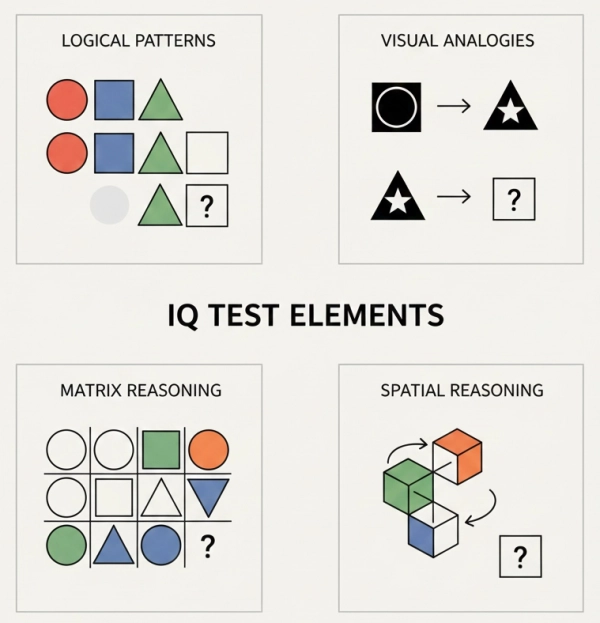 Abstract representation of IQ testing and qualification for Mensa membership, focusing on logic and pattern recognition