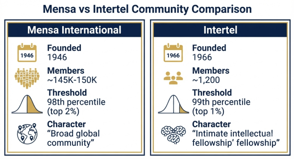 Mensa vs Intertel comparison — size, threshold, member activities, community character