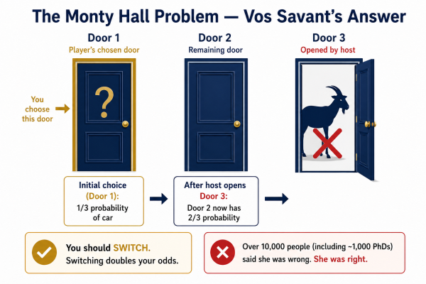 Visual diagram explaining the Monty Hall problem three doors solution that Marilyn vos Savant solved correctly