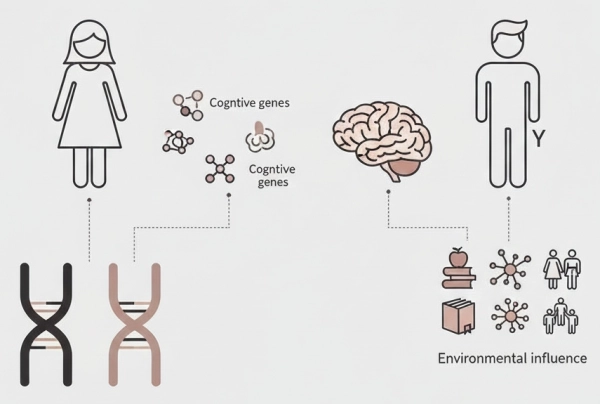 Diagram comparing maternal and paternal genetic contributions to intelligence, highlighting X chromosome and brain development factors