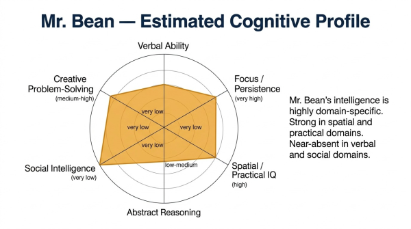 Mr Bean estimated cognitive profile showing high spatial intelligence and low social and verbal intelligence