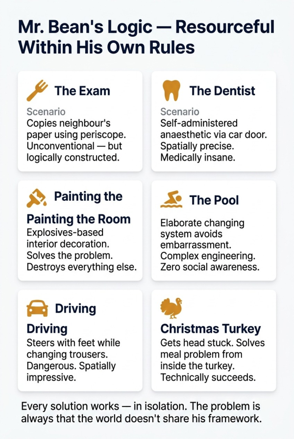 Examples of Mr Bean problem solving showing his consistent internal logic and spatial intelligence