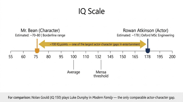 Visual comparison showing the 100 point IQ gap between Mr Bean character estimate and Rowan Atkinson actor estimate