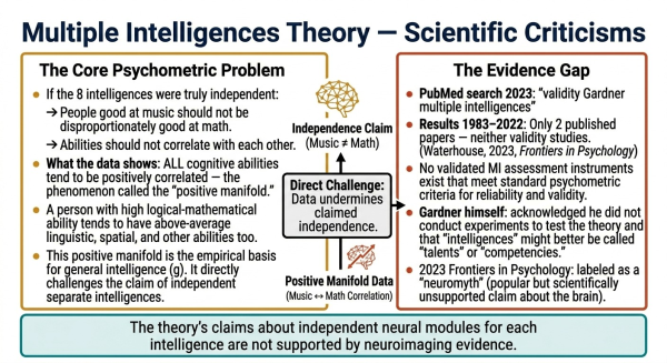 Overview of the main scientific criticisms of multiple intelligences theory including lack of empirical evidence and g factor