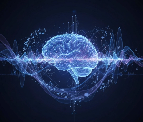 Illustration representing musical intelligence with a human brain responding to sound waves, rhythm, and melody