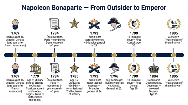Timeline of Napoleon Bonaparte rise from Corsican outsider at age 9 to Emperor of the French at age 35
