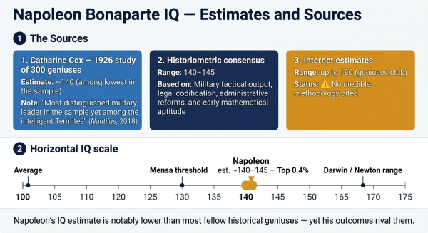 Napoleon Bonaparte IQ estimate of 140 to 145 from different historiometric sources and what it means in population terms
