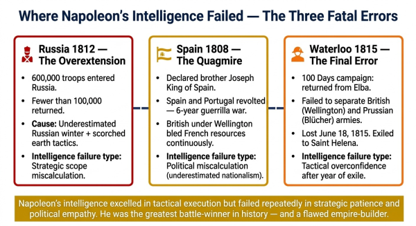 Diagram showing the three strategic failures that ended Napoleon's empire — Russia 1812 Peninsular War and Waterloo