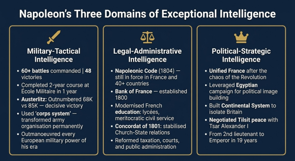Overview of three intelligence domains Napoleon Bonaparte demonstrated — military tactical strategic and administrative legal