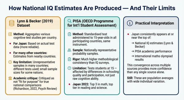 Diagram explaining how national IQ estimates are produced and the key limitations of the Lynn Becker dataset and alternative data sources