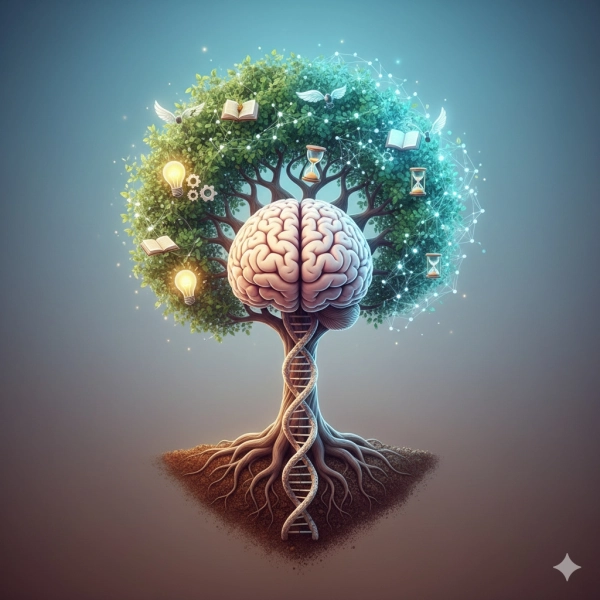 Visual representation of nature versus nurture in intelligence, showing a brain shaped by genetics, learning, environment, and neuroplasticity