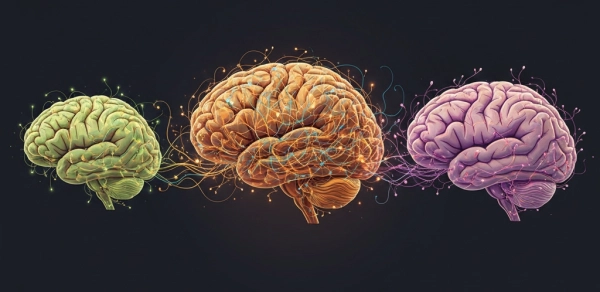 Visualization of neuroplasticity across the lifespan showing brain development in childhood, adulthood, and aging