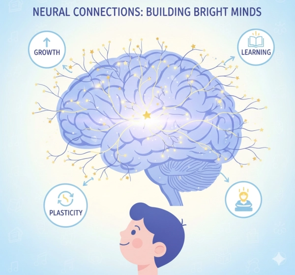 Diagram illustrating neuroplasticity and neural connections forming in a child’s brain