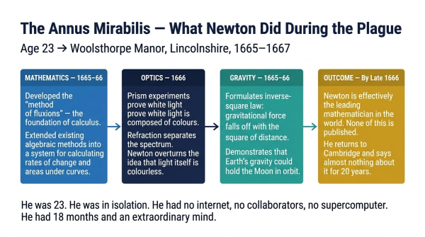 Timeline of Isaac Newton discoveries during the Great Plague annus mirabilis of 1665 to 1666 at Woolsthorpe Manor