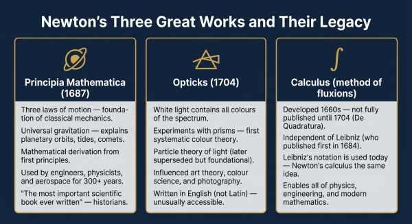 Overview of Isaac Newton three major published works Principia Mathematica Opticks and calculus and their scientific legacy