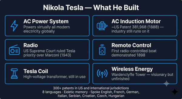 Overview of Nikola Tesla major inventions and patents across electricity wireless communication and beyond