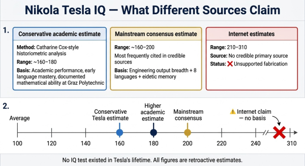Overview of different IQ estimates for Nikola Tesla from various sources and why the range 160 to 310 exists