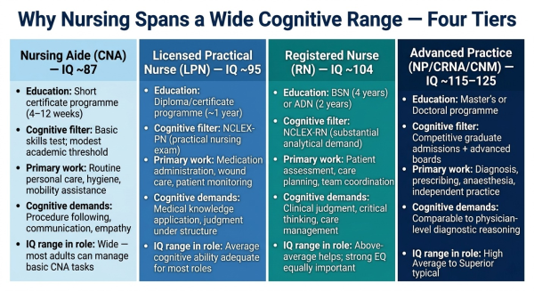 Diagram explaining how different nursing credential levels have different cognitive demands and educational cognitive filters