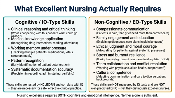 Overview of the cognitive and non-cognitive competencies required for excellent nursing showing both analytical and emotional intelligence requirements