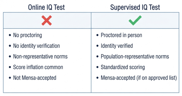 Online IQ test vs supervised IQ test comparison — standardization, normative data, identity verification